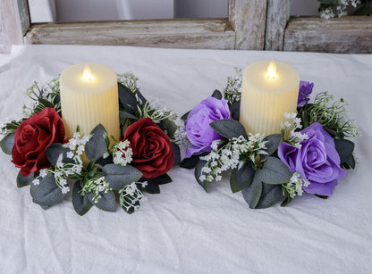 2 Pcs Artificial Rose Candle Rings Holder,Christmas Floral Wreaths with Eucalyptus Leaves Greenery Candle Rings for Pillar Candle Lantern Wedding Centerpiece Party Home Table Decor (Red)