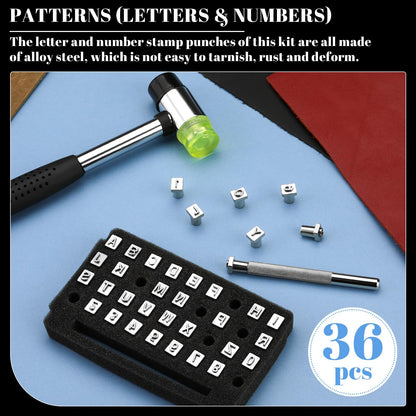 36 Pcs Leather Letter Stamping Kit, 6mm Leather Letter Stamps, Leather Stamping Tools, with 6 Wool Daubers Ball Brush Rubber Hammer for DIY Leather Crafts