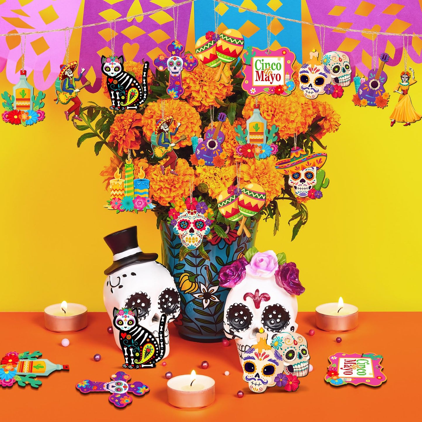 Soaoo 36 Pcs Day of The Dead Ornaments for Tree Dia De Los Muertos Decorations Mexican Theme Cat Skeleton Wood Sign Halloween Ornament Skulls for Crafts Hanging Decor Fiesta Festival Party Gift