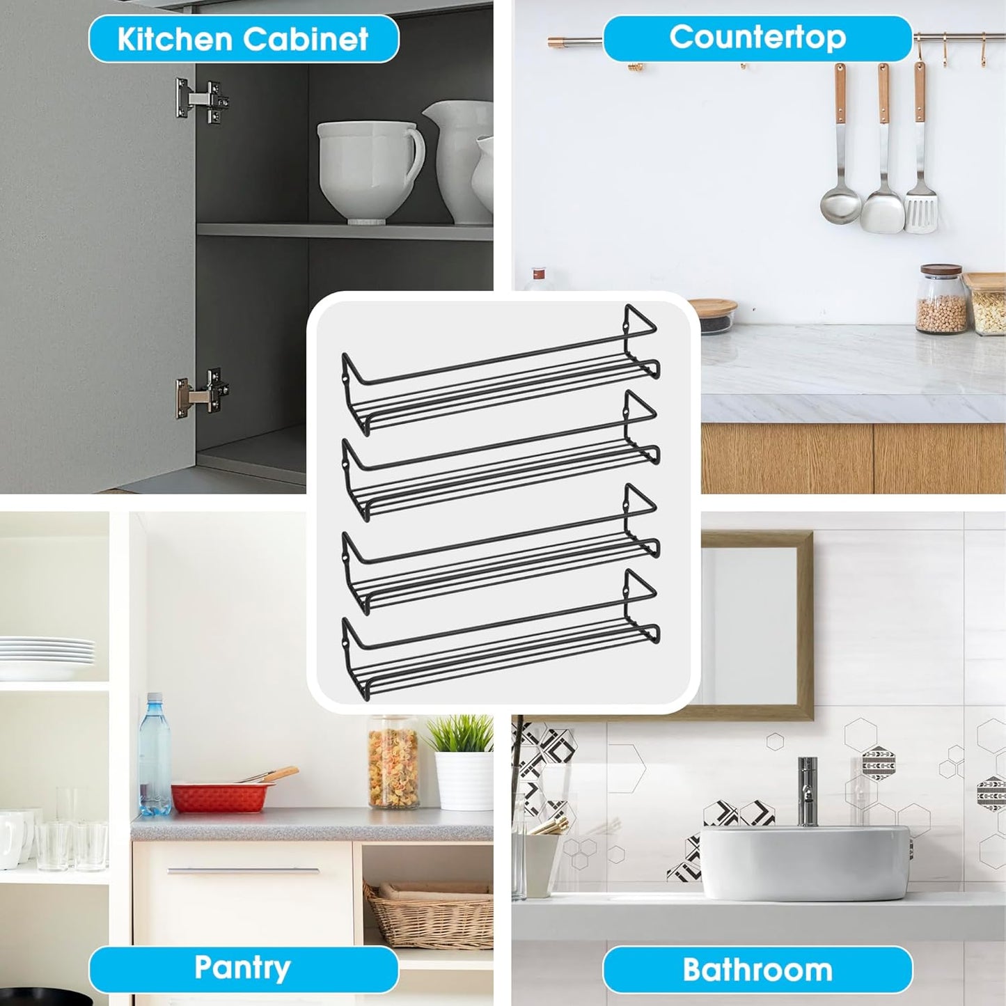 ROFAY 4 Pack Spice Rack Organiser, Wall Mounted Tier Shelf with Adhesive Sticker & Screws for Spices, Herbs, Jars