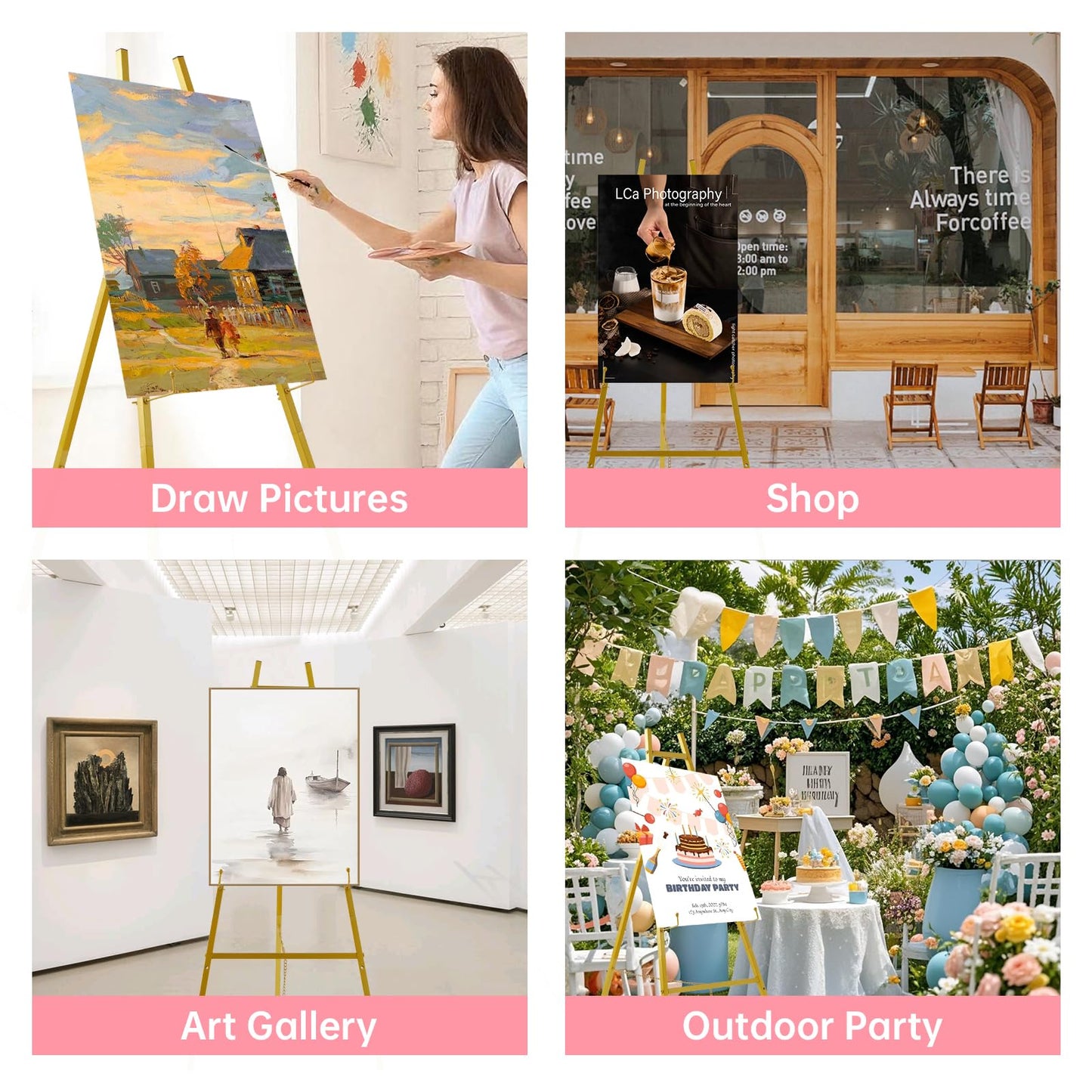 Fatilin 43.5" Gold Easel Stand for Sign, Heavy Duty Easel 4-Tier Adjustable Metal Floor Display Easel for Wedding Signs, Welcome Signs, Posters, Mirrors, Pictures, Art, Parties & Paintings