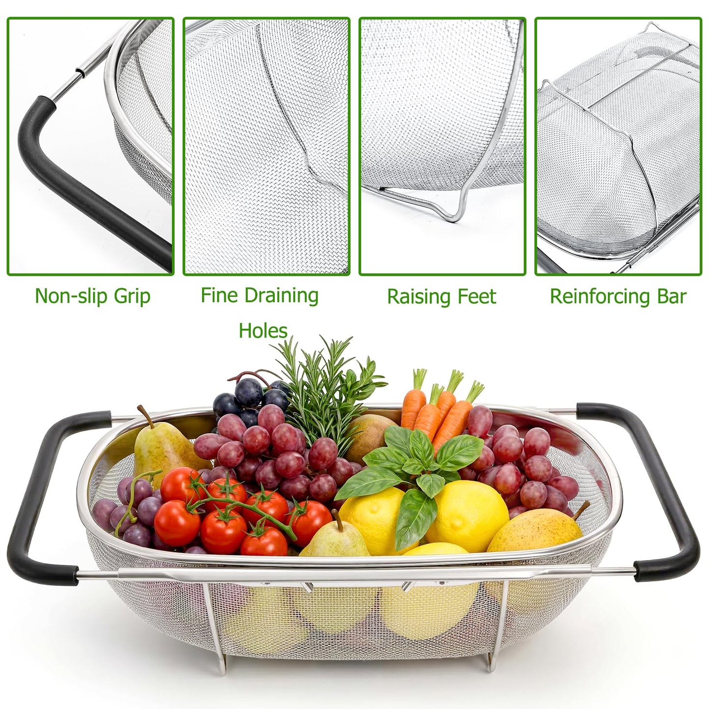Suwimut 2 Pack Over the Sink Oval Colander for Kitchen, Stainless Steel Fine Mesh 6 Quart Strainer Basket with Expandable Rubber Grip Handles for Straining, Draining, Rinsing Fruits, Vegetables