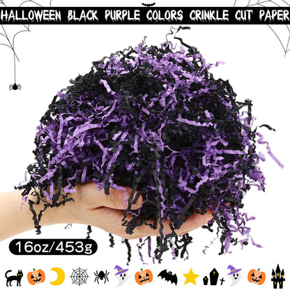 Jansun 1LB/16oz Halloween Crinkle Cut Paper, Black Purple Shred Filler Grass with Pumpkin Spider Bat Witch Ghost Confetti for Halloween Bakset Gift Box Bag Wrapping Basket Filling Party Decorations