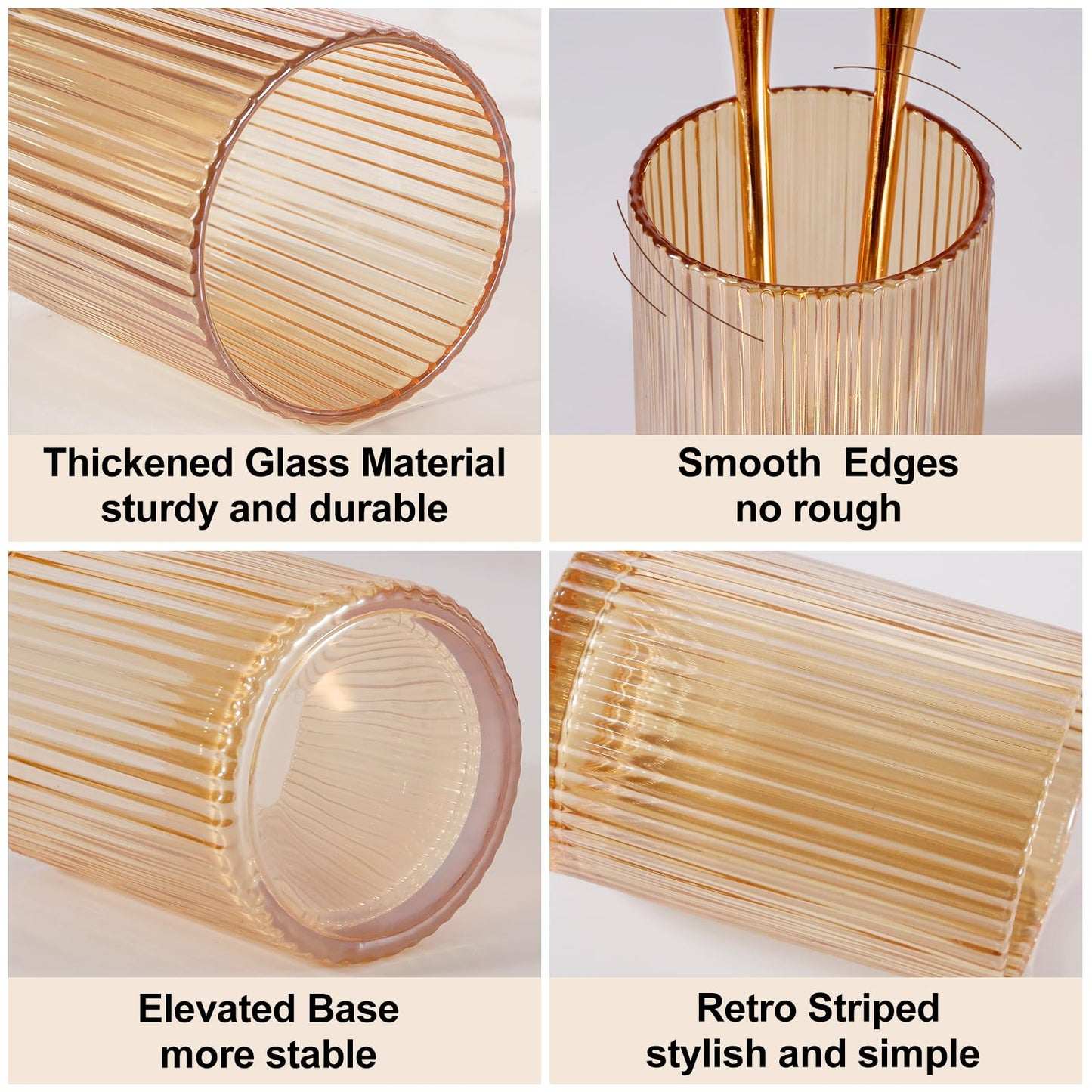 DASITON Makeup Brush Holder Organizer, Crystal Cosmetic Makeup Brushes Storage Holder, Glass Make Up Brush Holder, Vintage Striped Make Up Cup Desk Pen Pencil Holder, Toothbrush Holders (Coffee S)
