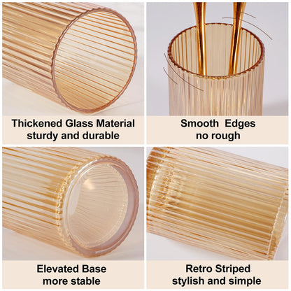 DASITON Makeup Brush Holder Organizer, Crystal Cosmetic Makeup Brushes Storage Holder, Glass Make Up Brush Holder, Vintage Striped Make Up Cup Desk Pen Pencil Holder, Toothbrush Holders (Coffee S)