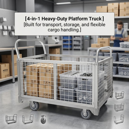 4-in-1 Rolling carts with cage, Multi-Purpose Heavy-Duty Duty cart, 2200-pound Capacity, Folding cart with 5-inch Wheels, for Groceries, Garage, Warehouse (39.4 inches Long x 23.6 inches Wide)