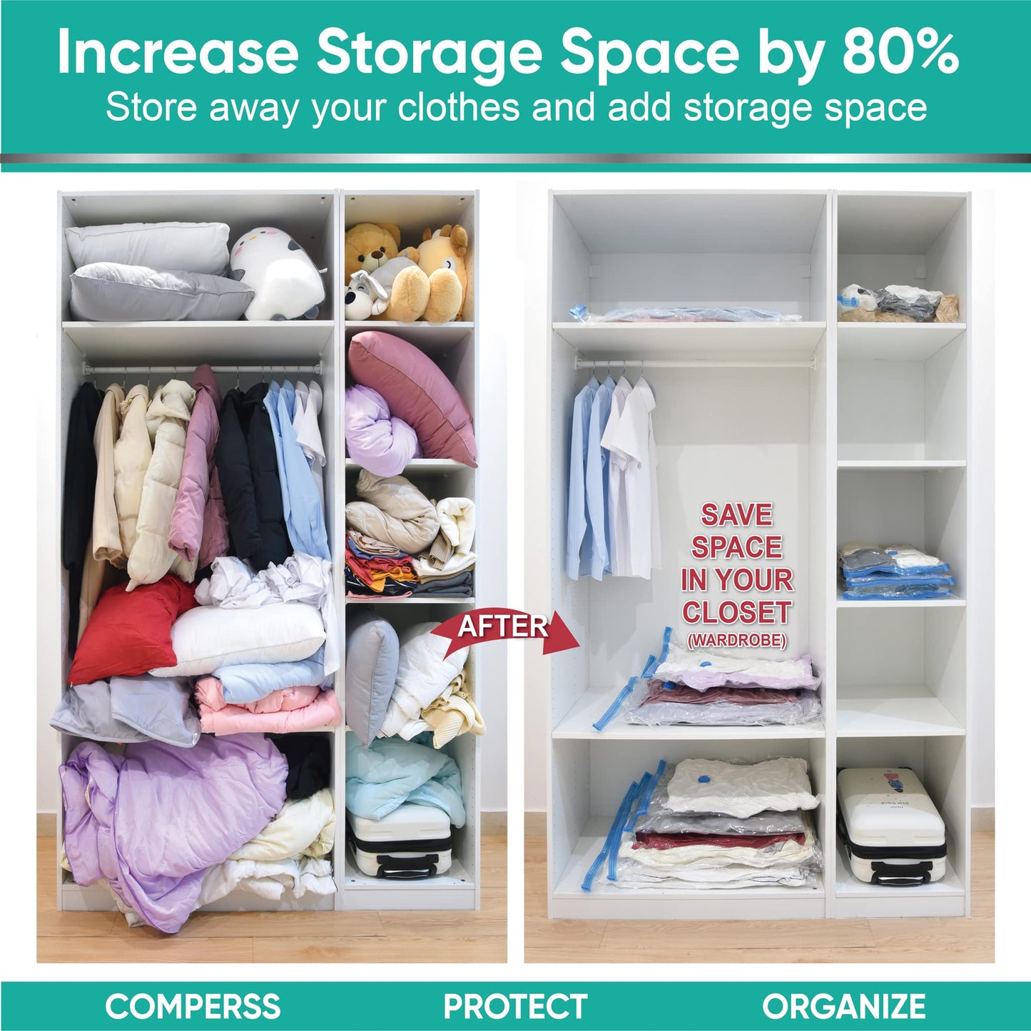 MattEasy Space Saver Vacuum Storage Bags, 6 Pack Space Saver Bags with Pump, Storage Vacuum Sealed Bags for Clothes, Comforters, Blankets, Bedding (6 Small)