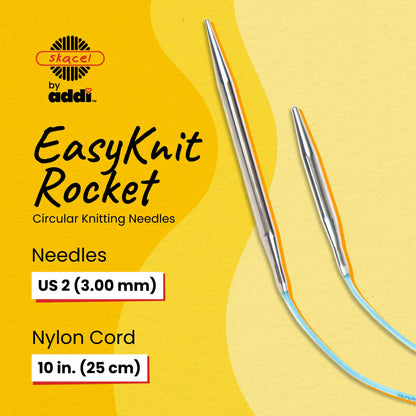 skacel by addi EasyKnit Rocket Circular Knitting Needles, 10 Inch (25 cm) Short Plated Brass Round Needle Set with Flexible Nylon Cord, 3 mm (US Size 2)