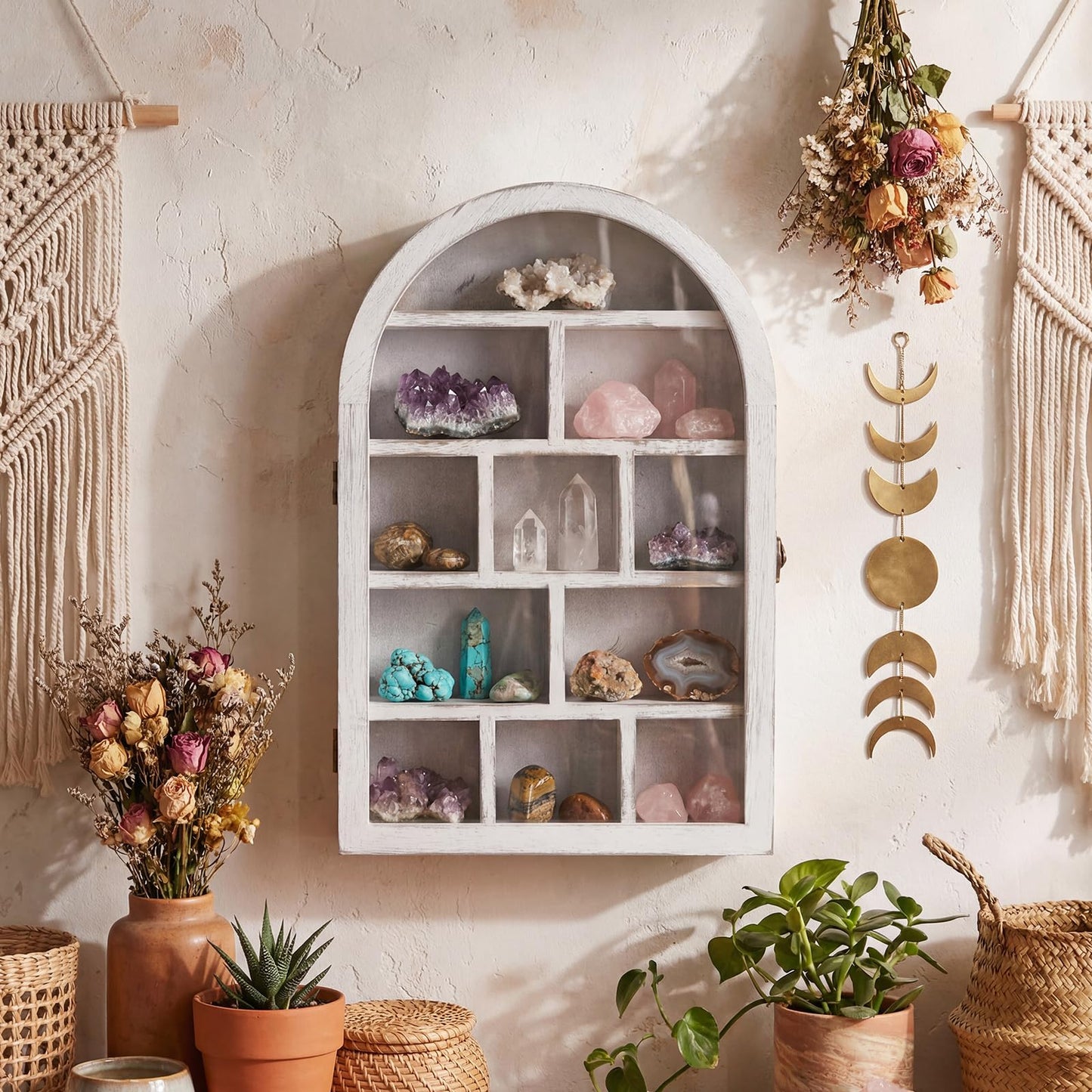 DoubleFill 10" x 15" Trinket Shelf Wooden Shadow Box Display Case with Shelves Acrylic Door Large Wall Mounted Display Shadow Box Mini Figures Curio Trinket Medals Crafts Collection(Retro White)