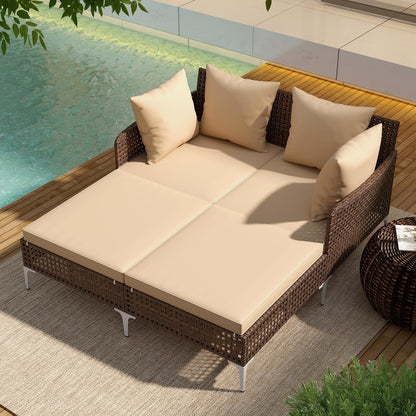 Tangkula Outdoor Rattan Double Daybed, Boho Wicker Chaise Lounge for 2 with Seat & Back Cushions, Outdoor Sunbed Loveseat with Metal Support for Backyard, Poolside & Deck (Brown)