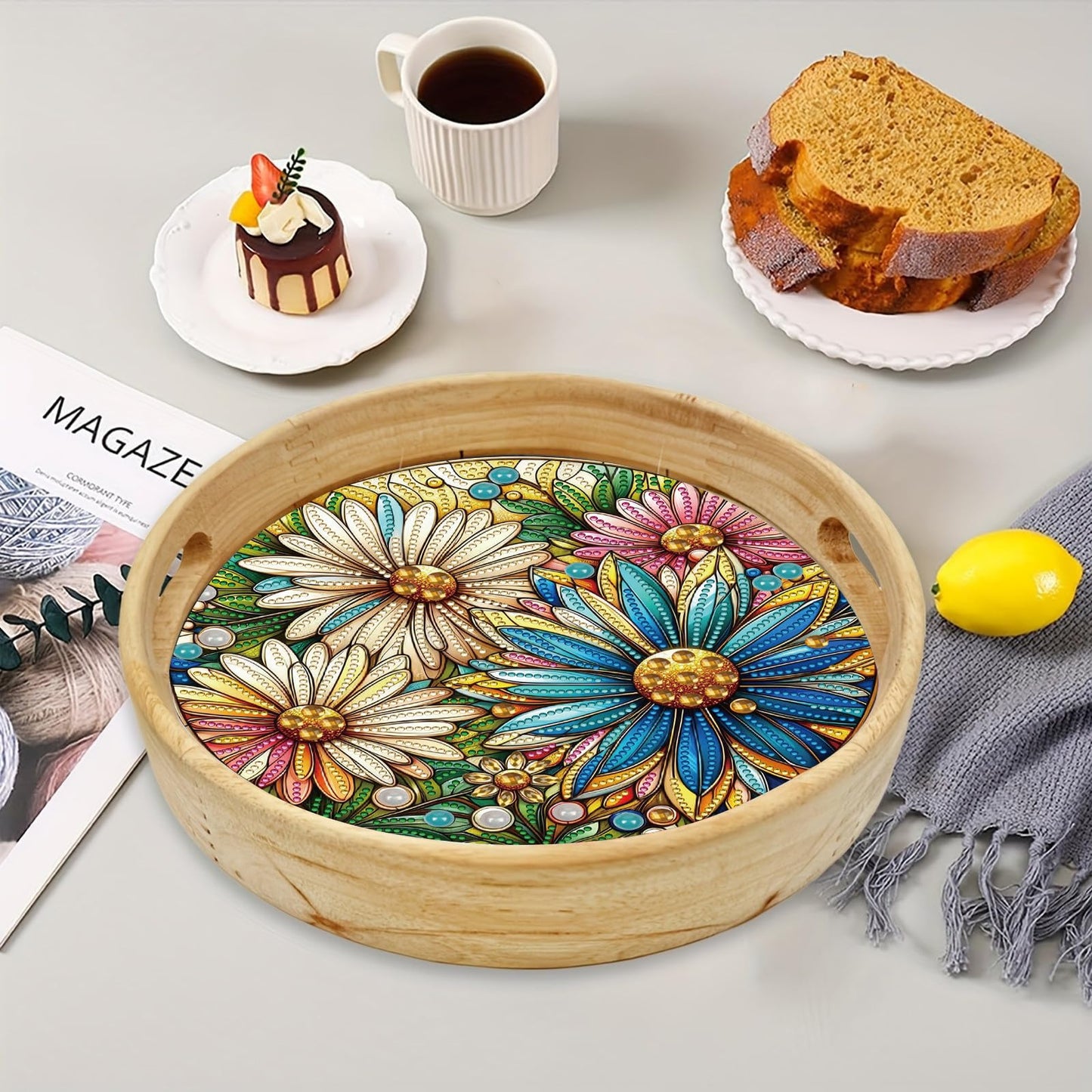 ARTopet DIY Diamond Tray Round Diamond Art Painting Creative Design Handmade Wooden Tray Dinner Plate Diamond Art for Coffee Living Room Home Organizer Diameter 25.5cm-Daisy
