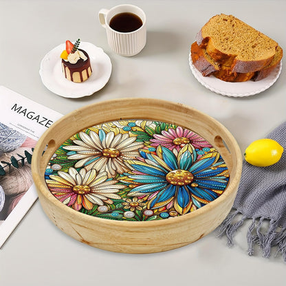 ARTopet DIY Diamond Tray Round Diamond Art Painting Creative Design Handmade Wooden Tray Dinner Plate Diamond Art for Coffee Living Room Home Organizer Diameter 25.5cm-Daisy