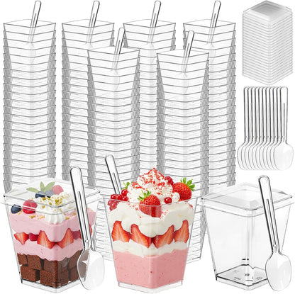 200 5 oz Pcs Clear Plastic Dessert Cups with Lids & Spoons, Reusable Parfait & Appetizer Cups, Mini Dessert Shooters