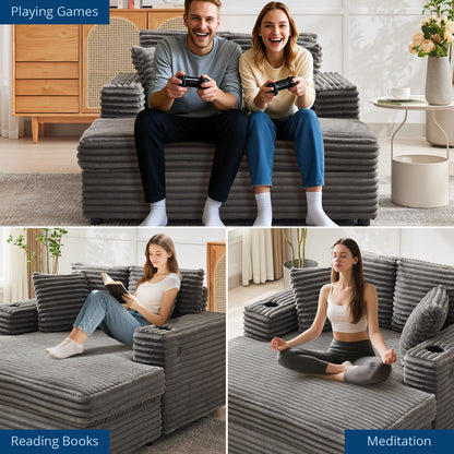 Garvee 60" Oversized Chaise Lounge Chair Indoor, Corduroy Upholstered Sleeper Sofa Bed w/Cup Holder & Charging Port, Cloud Couch Sofa Chair w/Throw Pillows & Wide Arms for Living Room, Bedroom, Gray
