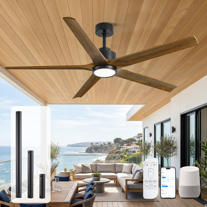 52 Inch Smart Outdoor Ceiling Fan with Light, Alexa/App/Remote Control, 5 Walnut Solid Wood Blades, Modern Farmhouse, Quiet Energy Efficient DC Motor, Damp Rated for Patio Porch Indoor Living Room