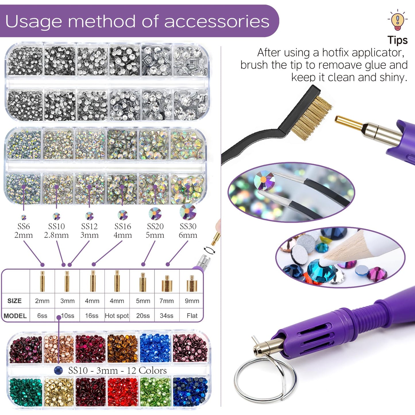 Hotfix Rhinestones Applicator Kit Set 4500 Pcs Crystals (White/AB/Multi-Color) - Bedazzler DIY Craft Includes 19 Pattern Templates, Tweezers, Brush, Storage Bag - for Clothes, Fabric, Jeans (Purple)