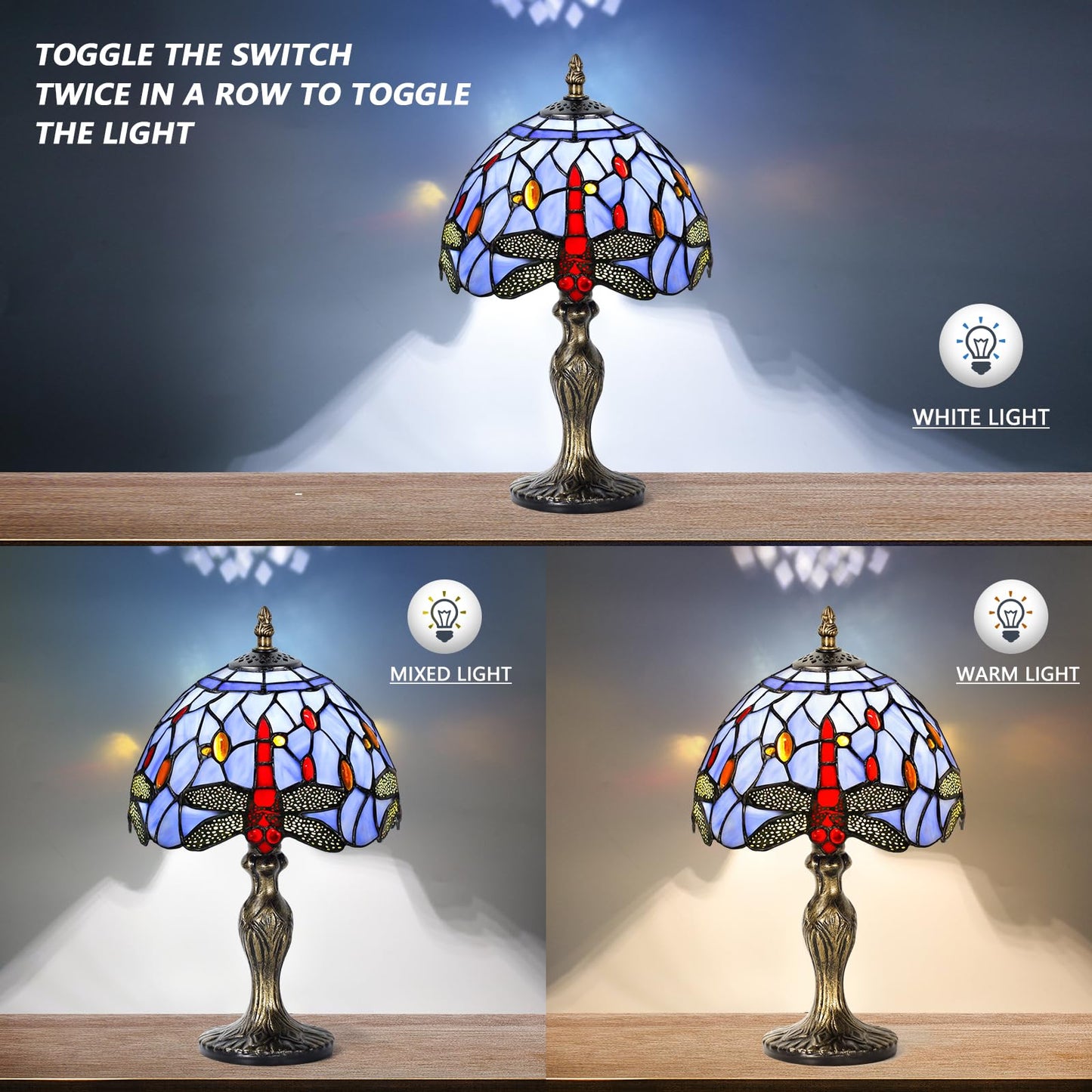 MIAOKE Stained Glass Table Lamp,Stained Glass Crystal Bead Style Table Light, Handmade Desk Bedside Night Light, Antique Art Craft Gifts Lover Living Room Bedroom Bookcase(Blue Dragonfly)