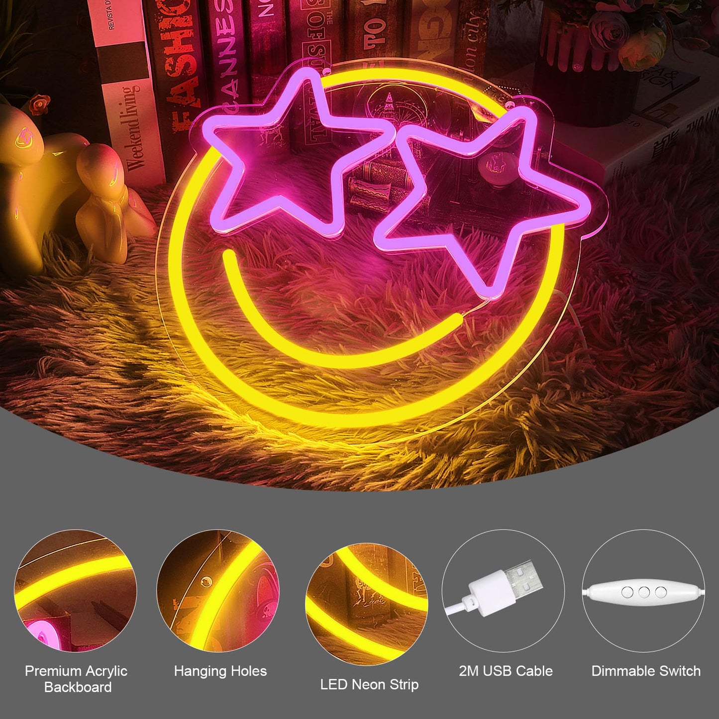 Lightning Eyes Smile Neon Sign – 13"x12.2" LED Wall Light with 5-Level Dimmable Brightness – Fun Room Decor for Bedroom, Dorm, Gaming Room, Bar, Bachelorette, Wedding & Birthday Party (Star Eyes)