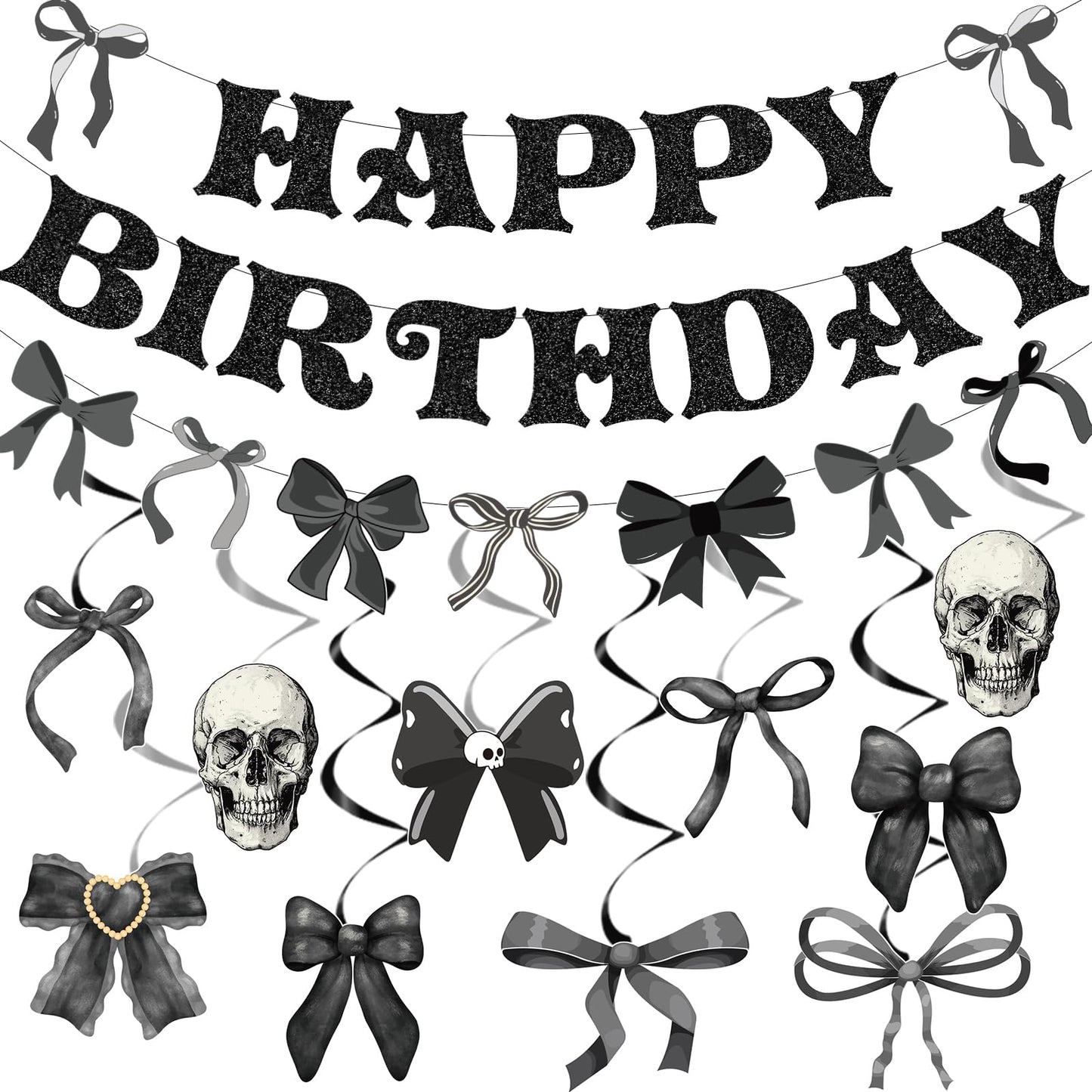 Lovarywow Black Bow Party Decorations - 13PCS Gothic Birthday Decorations, Skull Skeleton Goth Party Supplies for Girls Women, Black Bow Coquete Happy Birthday Banners Hanging Swirls