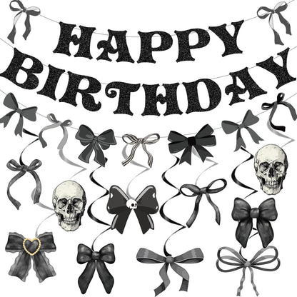 Lovarywow Black Bow Party Decorations - 13PCS Gothic Birthday Decorations, Skull Skeleton Goth Party Supplies for Girls Women, Black Bow Coquete Happy Birthday Banners Hanging Swirls
