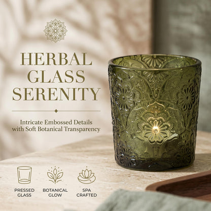 12 Pack Mandala Embossed Glass Candle Holders – Votive Tealight Holders with Patent Design, Decorative Embossed Glass Cups for Wedding Centerpieces, Parties, and Home Décor (Moss Green)