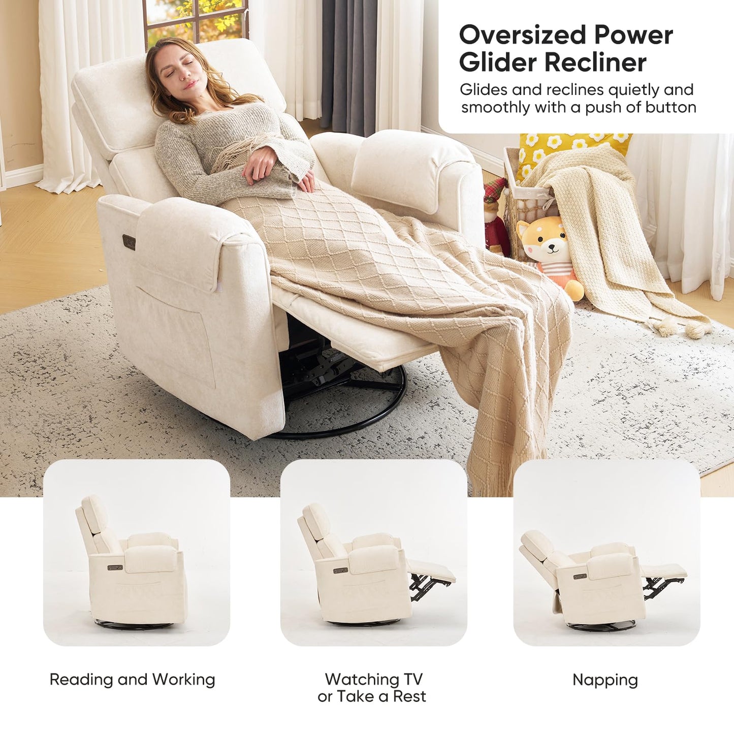 Rhevoy 24" Extra Wide Swivel Rocker Recliner Chair with Adjustable Headrest, Oversized Power Rocker Recliner with Overstuffed Armrest, Chenille Rocking Chair Nursery with USB Ports, Cream
