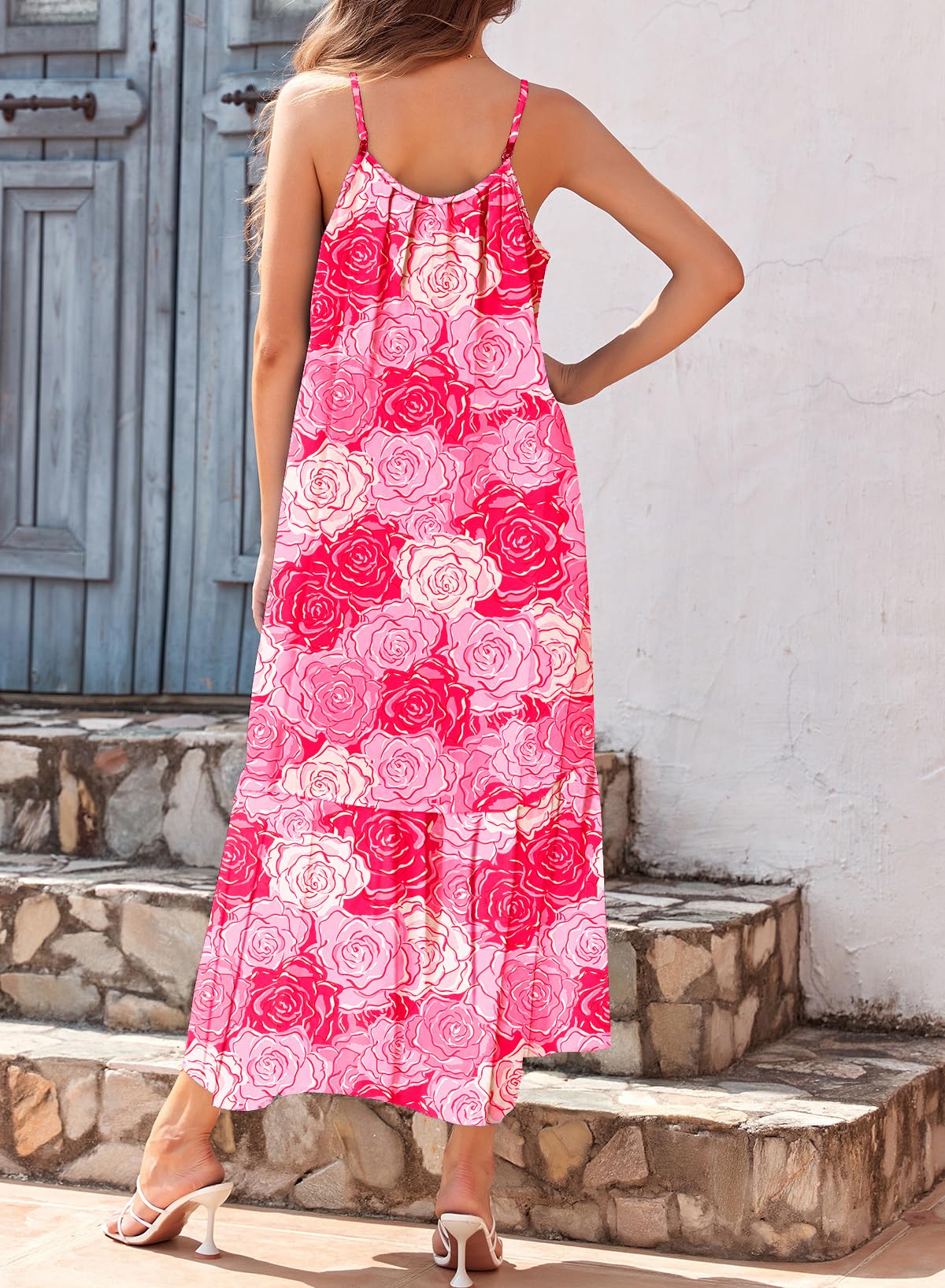 Dokotoo Women Summer Dresses 2025 Spaghetti Strap Scoop Neck Smocked Ruffle Flowy Boho Maxi Dress