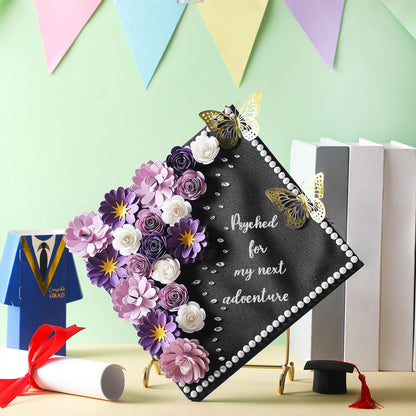 MotiMind 39 Pcs Graduation Cap Decorations Kit Including 25 Rose Heads Paper Flowers 12 3D Gold Butterfly Stickers 1 Self Adhesive Pearl 1 Rhinestones Stickers for DIY Graduation Cap(Purple)