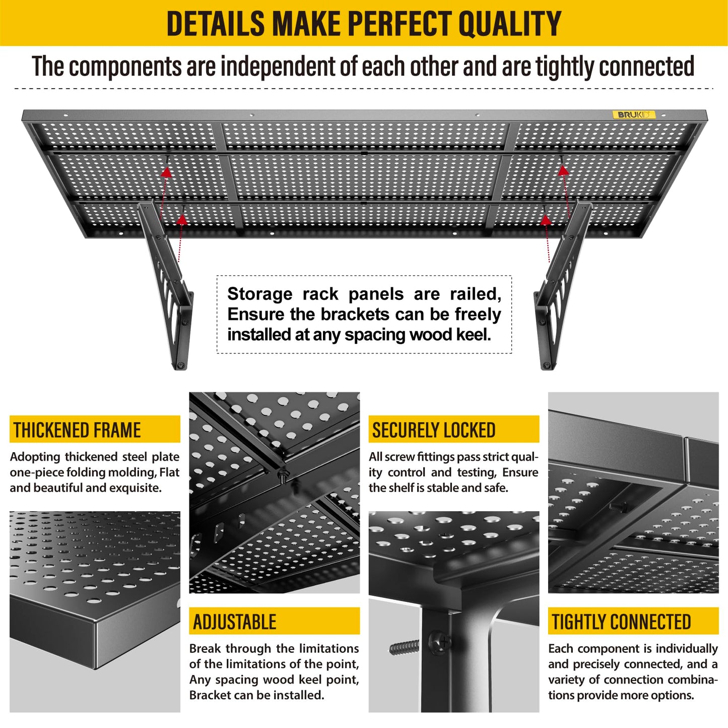 Brukid 4Pack 1.64x4ft Adjustable Metal Garage Wall Shelving Heavy Duty Garage Storage Shelf Wall Mounted Black