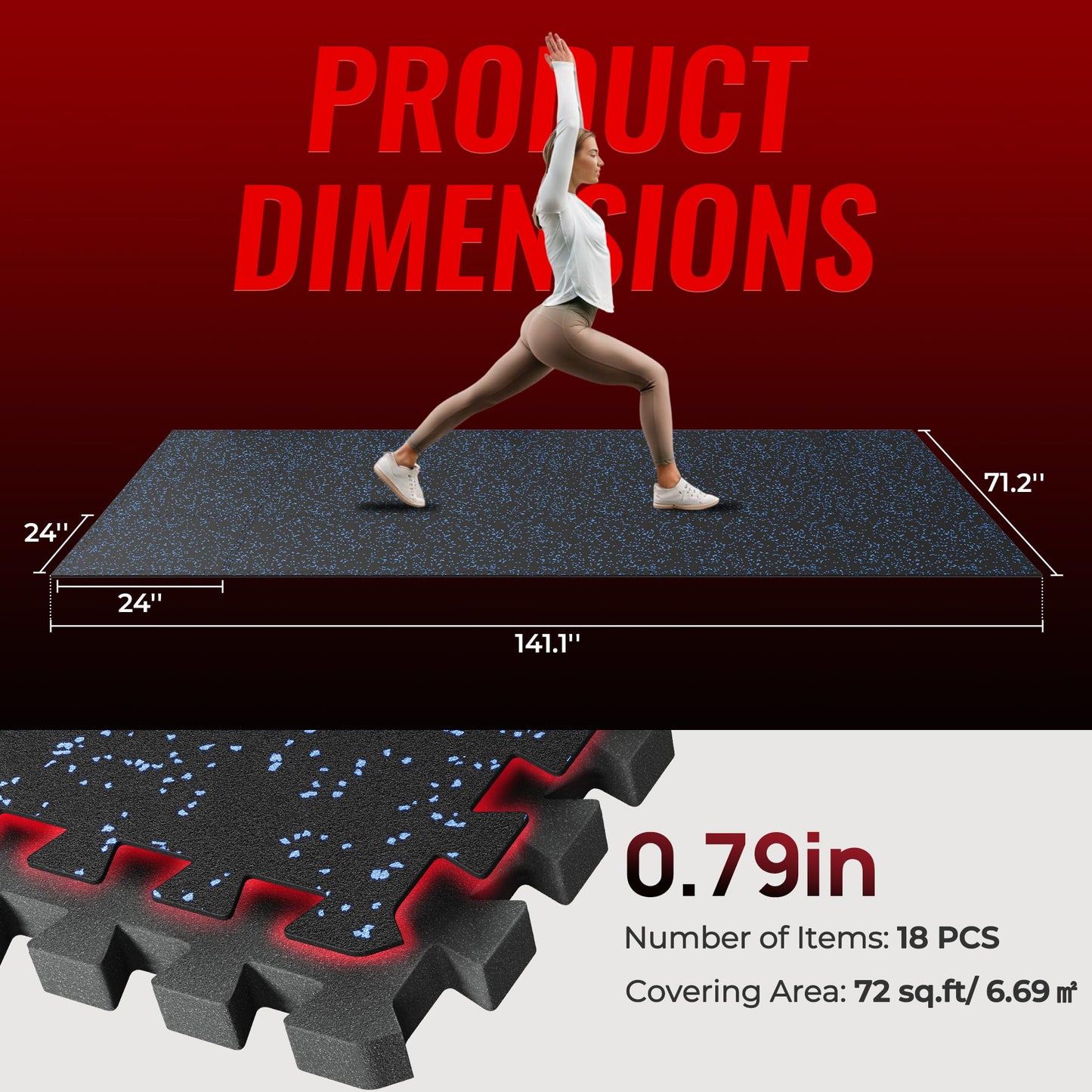 SUPERJARE 0.79'' Extra-Thick Exercise Equipment Mats, 18 Pcs 72 Sq Ft Rubber Top Floor Tiles with High Density EVA Foam, Interlocking Gym Flooring for Home Gym, Workout Mat, Black/Blue