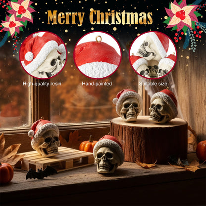4 Pcs Skull Christmas Tree Ornament 2.6'' Christmas Gothic Decorations Resin Santa Ornament Xmas Mini Skeleton Head Decor Gift for Xmas Tree Holiday Party Supplies