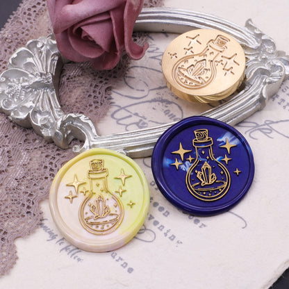 SWANGSA Wax Seal Stamp Set, Vintage 4 Pieces Magic Bottle, Moon Flower Plant Sealing Wax Stamp Heads + 1 Wooden Handle Sealing Stamp Kit