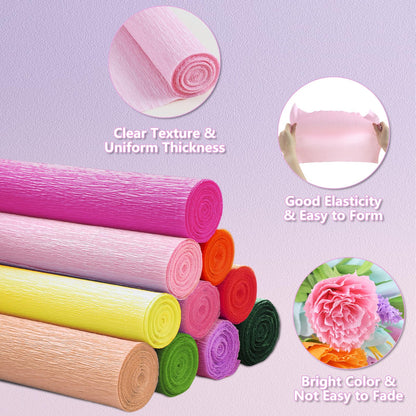 10 Roll Crepe Paper Streamers Rolls,10 Rainbow Colors,Floral Wire Ribbon Included,DIY Papel Crepe Flower Kit for Birthday, Wedding, Valentine's Day(9.8x98Inch/Roll) (Rainbow Colors)