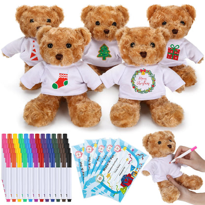Blueweenly 20 Pcs 5 Set Graduation Make Your Own Stuffed Animal Teddy Bear Kit Including 5 9.84 Inches Velvet Animal with T Shirts and Markers for Graduates DIY Craft Gift(Brown,Bear)