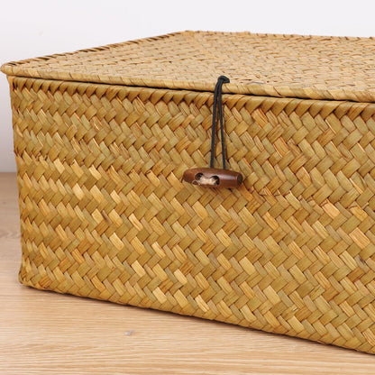 FEIALNDUO Wicker Shelf Baskets with Lid, X-Small Rectangular Handwoven Seagrass Storage Basket Bins for Home Organizer