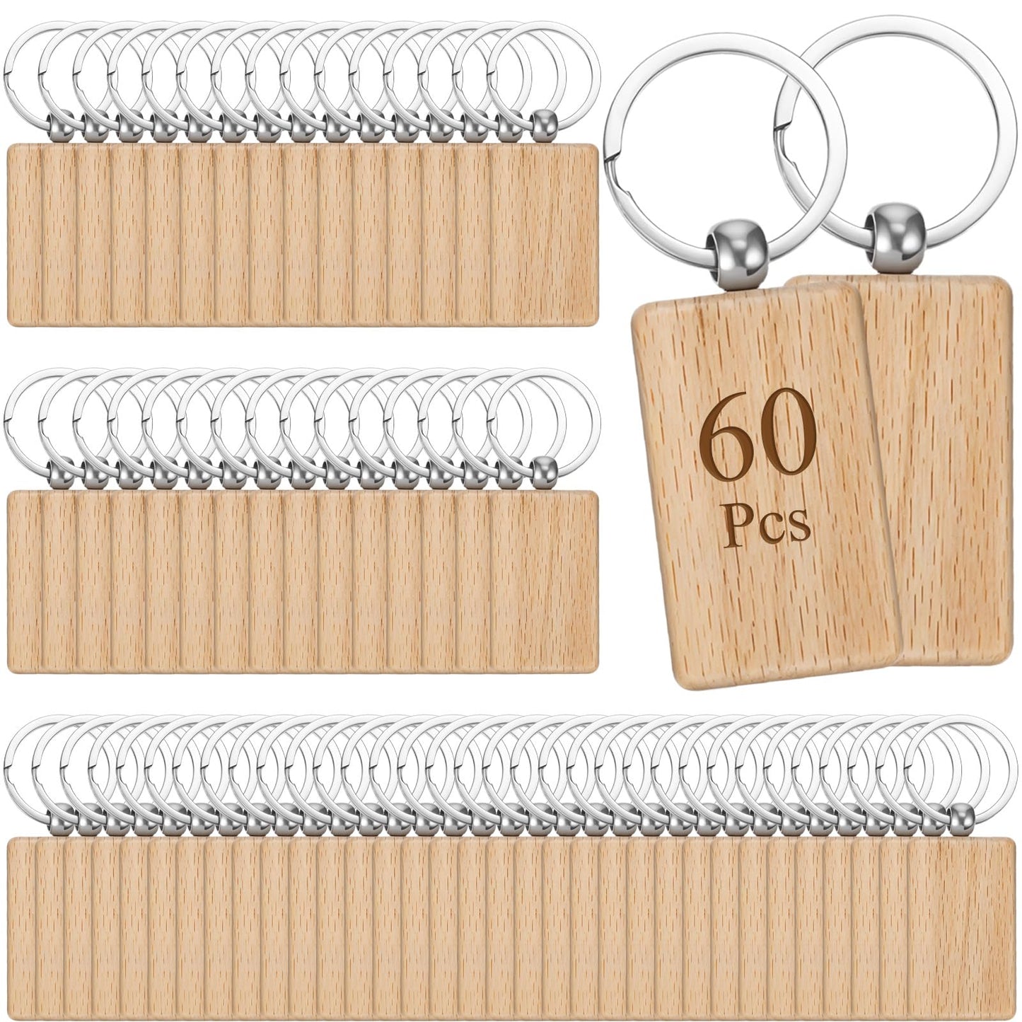 PercyEffie 60 Pcs Wooden Keychain Blanks Bulk, Rectangle Wood Key Chains Laser Engraving Unfinished Slice with 60 pcs Ring Key Tag for DIY Crafts Gift Accessories 2×1.2 inch
