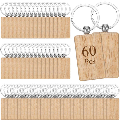 PercyEffie 60 Pcs Wooden Keychain Blanks Bulk, Rectangle Wood Key Chains Laser Engraving Unfinished Slice with 60 pcs Ring Key Tag for DIY Crafts Gift Accessories 2×1.2 inch