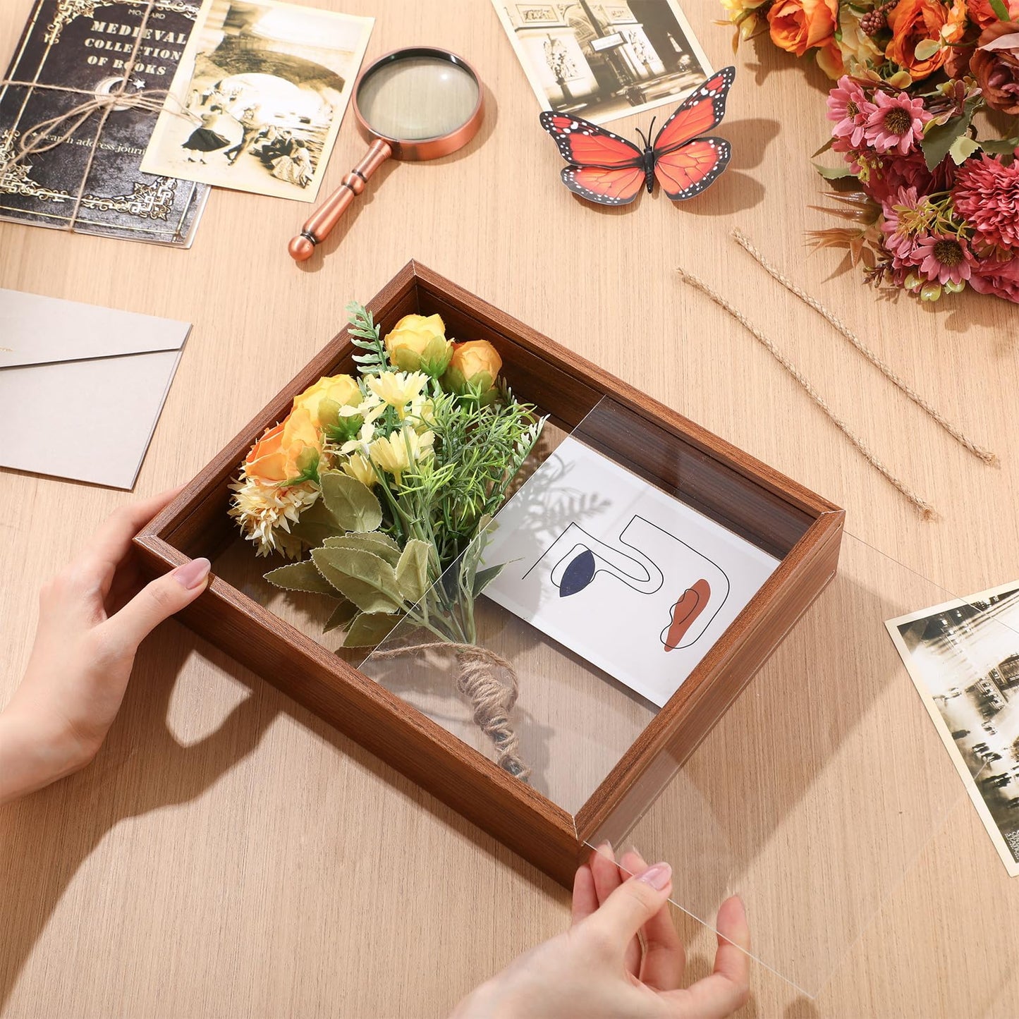 Wenqik 4 Pack 8 x 10 Shadow Box Frame Transparent Shadowbox Display Case Wood Deep Picture Frame with Soft Felt Back for Photos Dried Flowers Memorabilia Handicrafts Keepsake(Walnut)