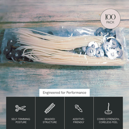 EAP Innovations HTP-52 Candle Making Wicks, Pre-Tabbed, Rigid, Self-Trimming Wicks for Candlemaking, Works with Paraffin, Gel & Vegetable Wax, 6" Length, Pack of 100