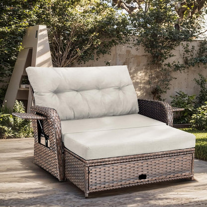 Bellefurn Outdoor Daybed, Patio Daybed Wicker Recliner for Two with Multifunctional Recliner and Stowable Side Tray, 5 Level Adjustable Backrest (Beige)