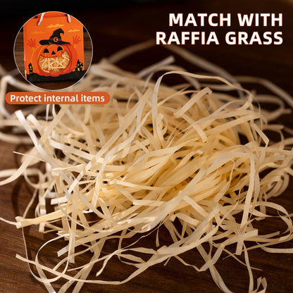 CcXxMming 30 PCS Halloween Treat Bags with Handles and Raffia Grass, 3 Designs Pumpkin Ghost Bat, Small & Medium Sizes, Halloween Candy Goodie Bags with Transparent Window, Party Favor Bags（Medium）