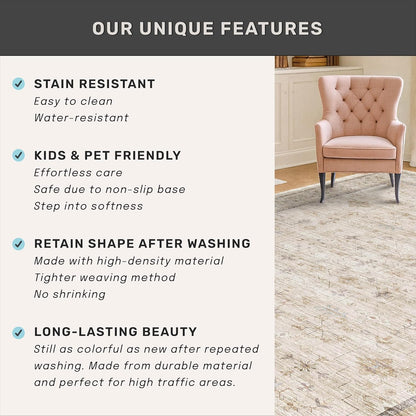 Skiennix Cream 2x5 Runner Rug - Geometric Floral Design, Washable for Bathroom & Entryway, Soft Non-Slip Beige Carpet