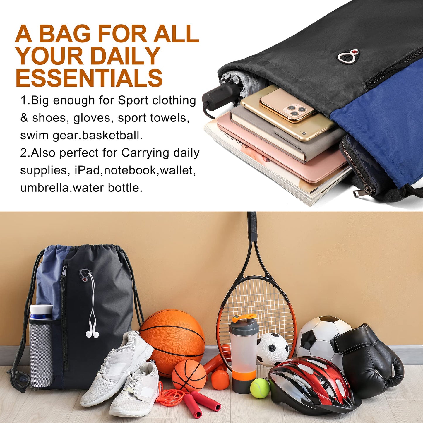 BeeGreen Drawstring Backpack Sports Gym Bag for Women Men Large Cinch Sackpack with 2 Zipper Pockets and Water Bottle Mesh Pockets Black Navy