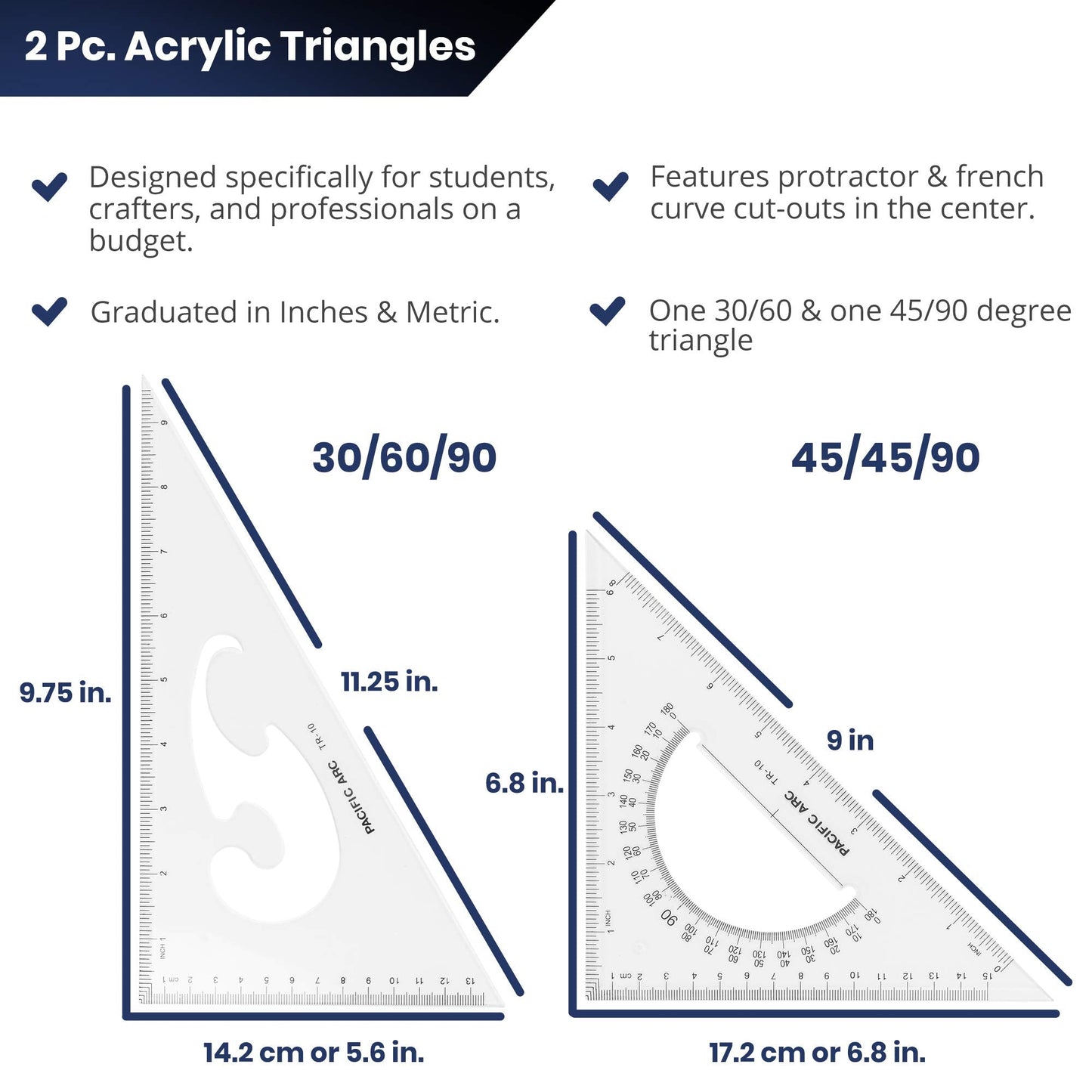Pacific Arc - Triangle Set 10 Inch 30/60 & 45/90 - Student, Professional or DIY use. - 2 Pack