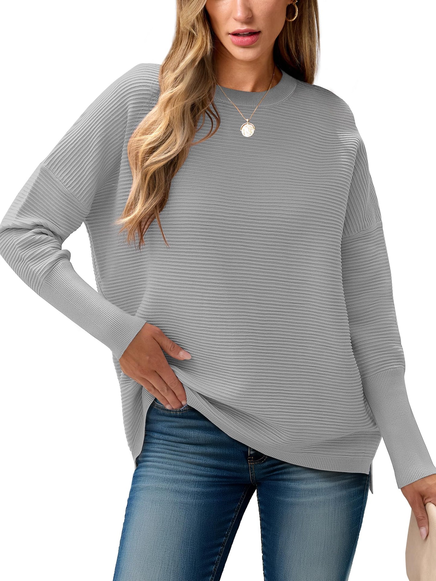 ANRABESS Womens Oversized Batwing Long Sleeve Ribbed Knit Sweaters 2025 Fall Outfits