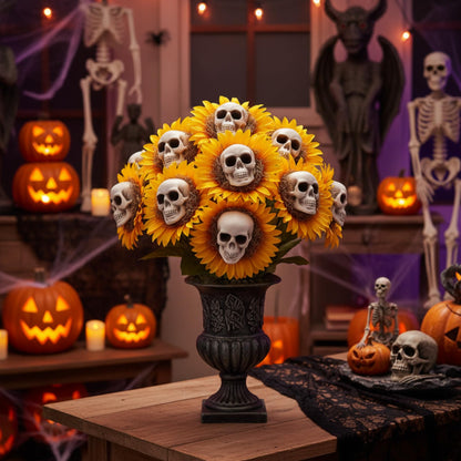 AceOrbit 6 Sets Halloween Skull Sunflower, Include 3" Skeleton Head Small Skulls 8.3" Artificial Sunflowers Natural Dried Moss for Halloween Party Decoration Props Spooky Yard Table Decor