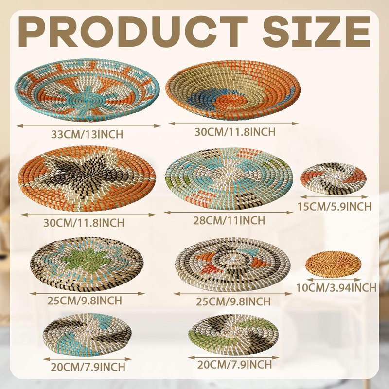 Tatuo 11 Pcs Boho Wall Basket Decor Bulrush Woven Wall Hanging Art Round Farmhouse Rustic Handmade Wicker for Summer Home, Bedroom, Living Room, Kitchen Decorations, Multi Sizes(Farmhouse)