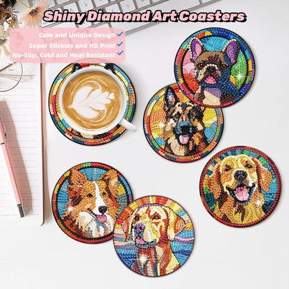 Puraikcmi 6pcs Dogs DIY Diamond Art Painting Kits Coasters with Holder, Diamond Coasters by Number Adults Crafts Full Drill Round Mosaic Stitch Art Craft Supplies
