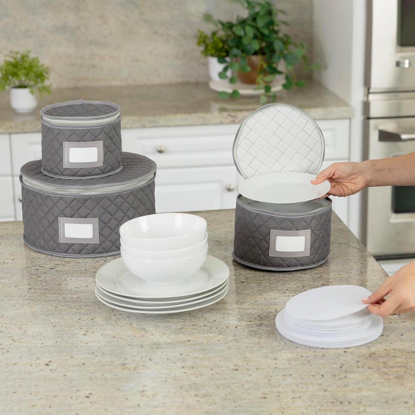 Gray China Storage Case for Salad Plates, 10" W x 6" H, Includes 12 Felt Separators, Stackable with Padded Interior