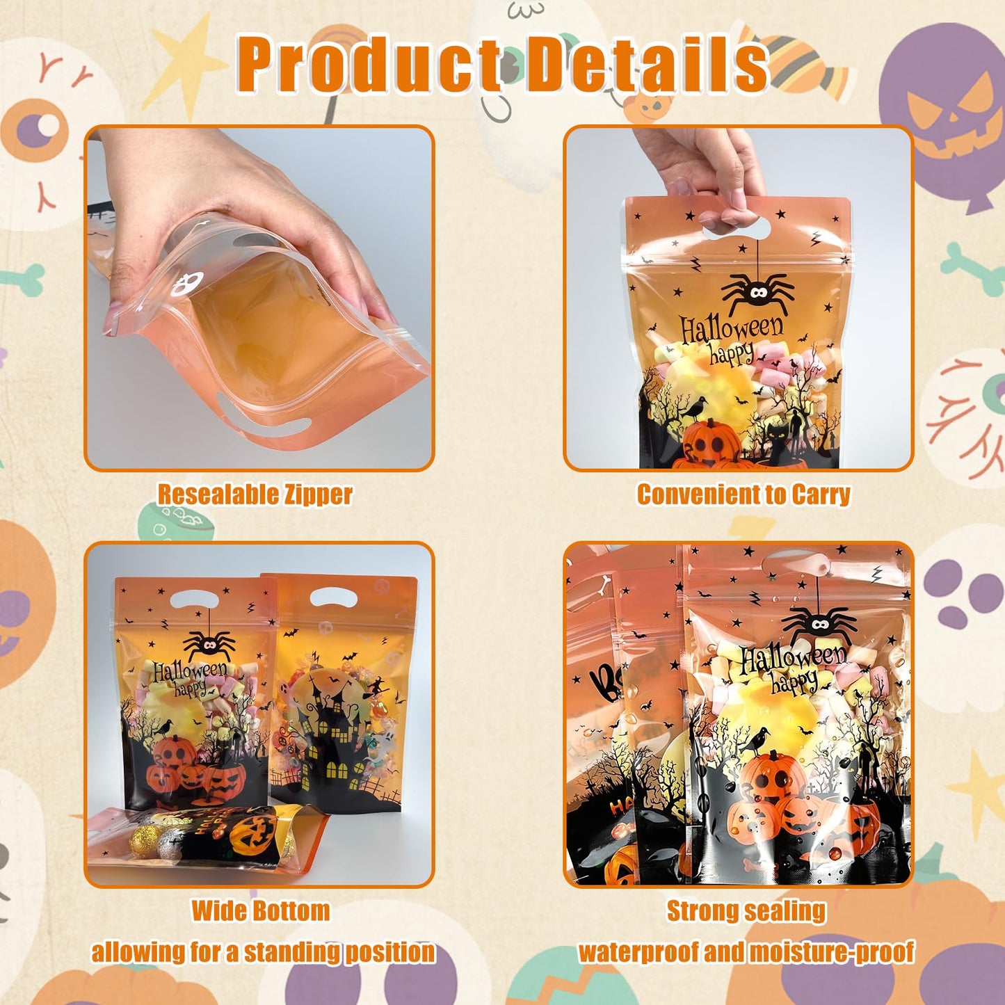 Halloween Ziplock Treat Bags 50 Pcs Goodie Plastic Bags with Zipper & Handles，Resealable Candy Bag for Trick or Treat, Party Favors, Classroom Halloween Supplies